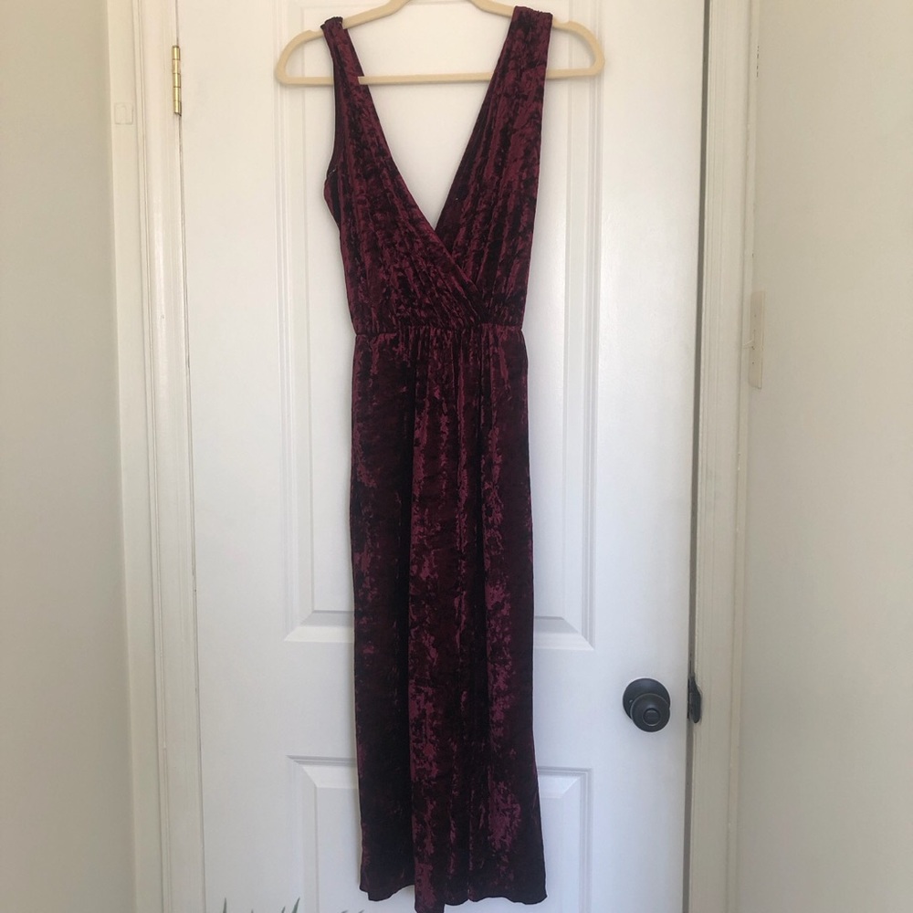 Red crushed-velvet deep V jumpsuit